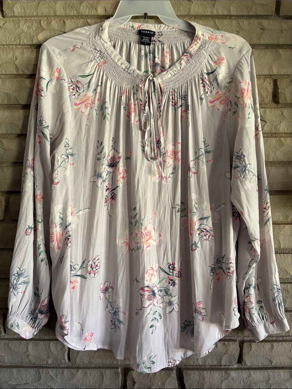 Torrid Light Gray Floral Peasant Blouse with Pink & Green Accents